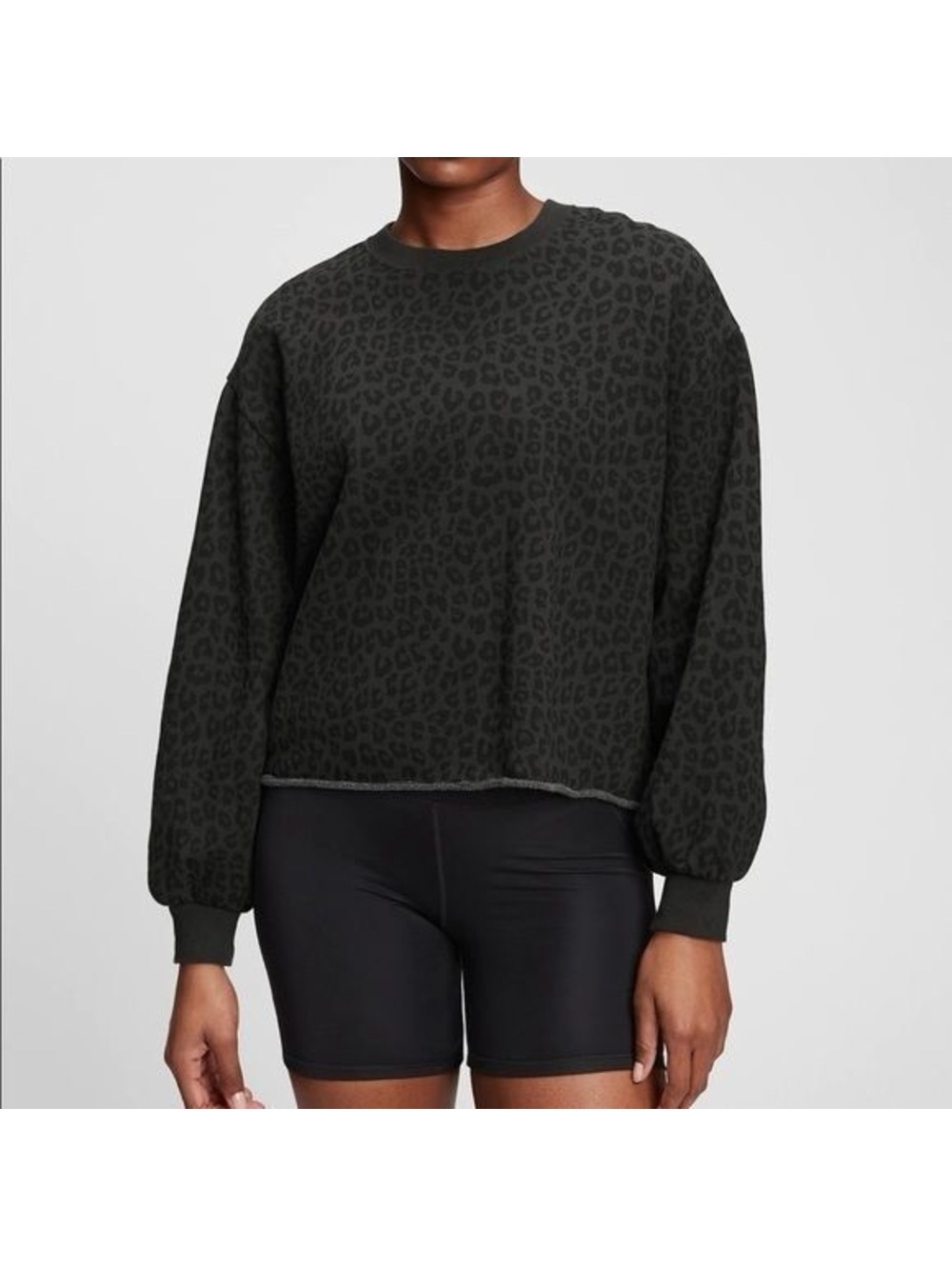GAP Gray Black Leopard Print Raw Edge Sweatshirt Petite XS